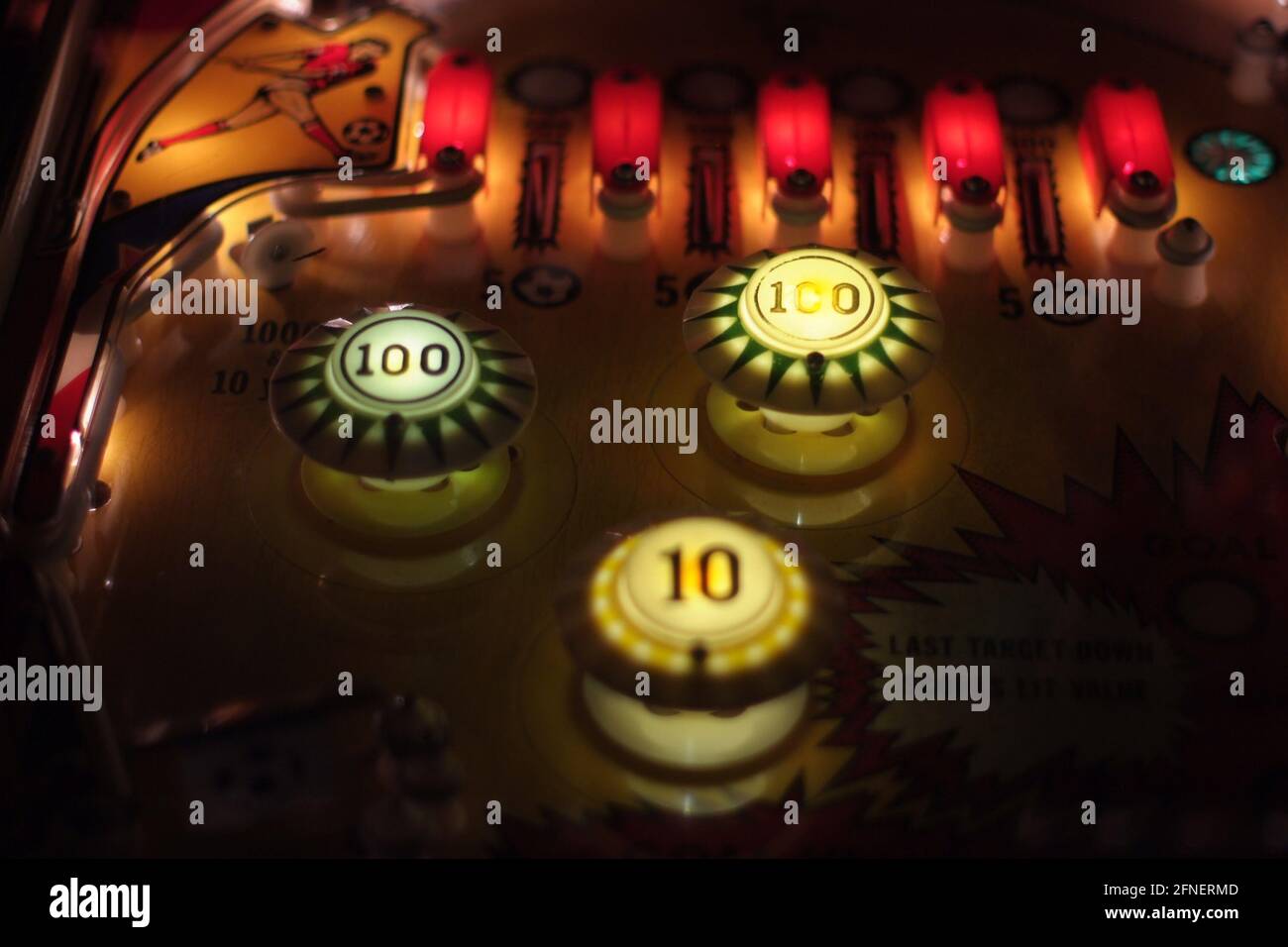 Bumpers in a pinball machine in an arcade in Ottawa, Ontario Stock