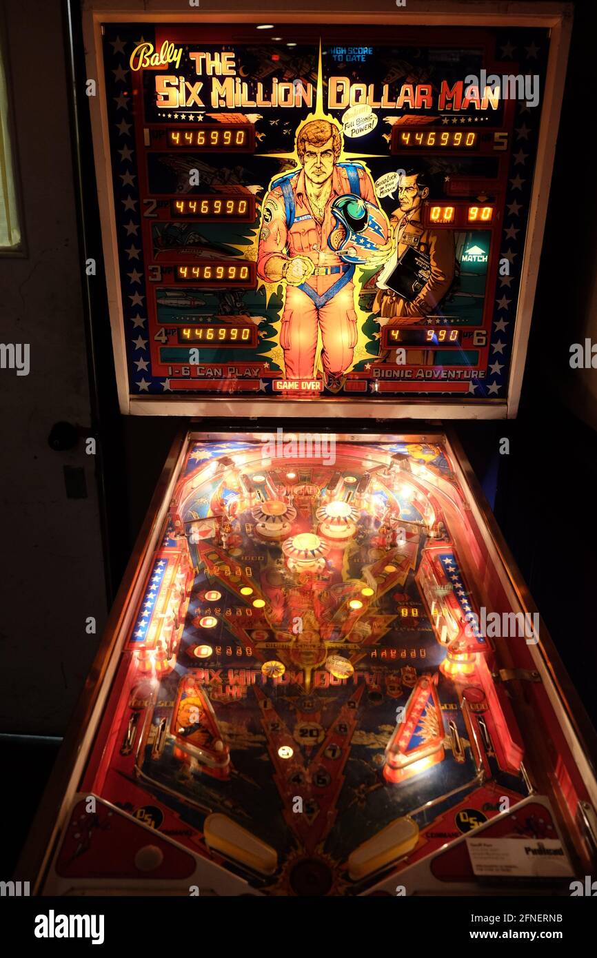 Six million dollar man pinball machine in an arcade in Ottawa, Ontario, Canada Stock Photo