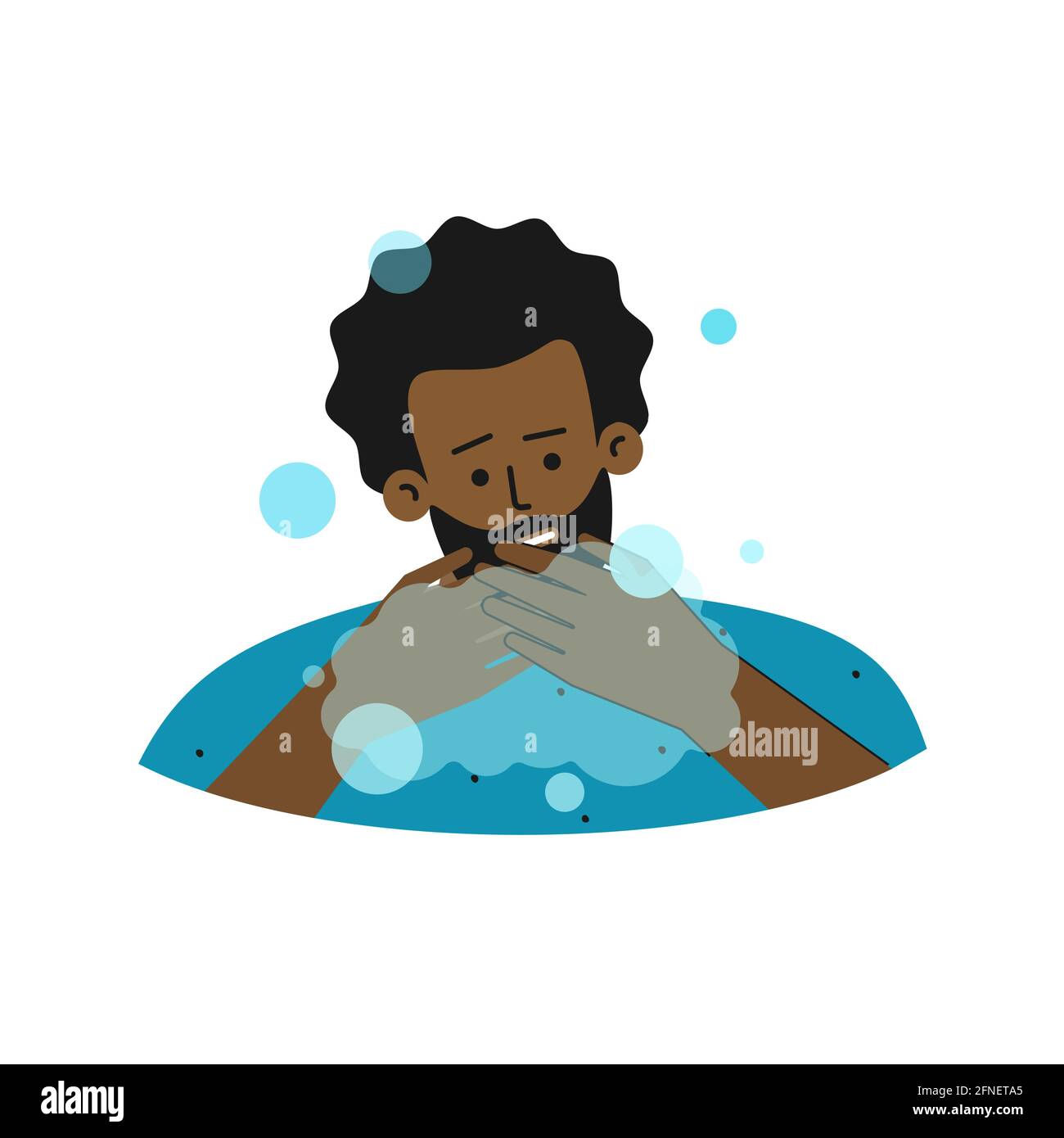 Vector flat isolated illustration. African American man feels  compulsions to washing hand often. He has problem with mental health as obsessive–compu Stock Vector