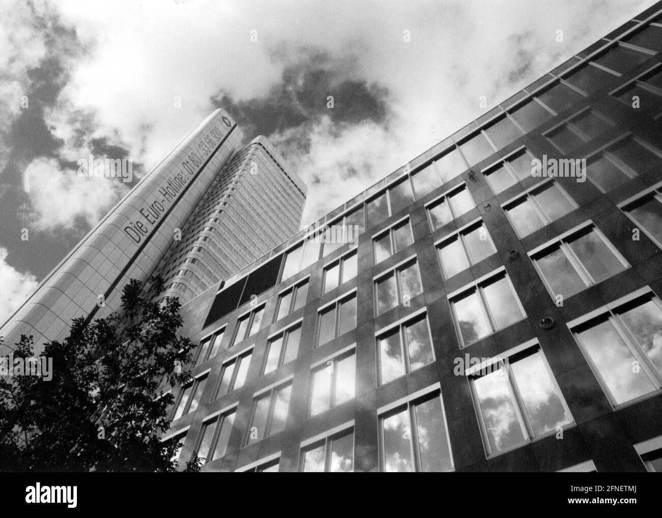 The headquarters of Dresdner Bank in Frankfurt with a Euro hotline