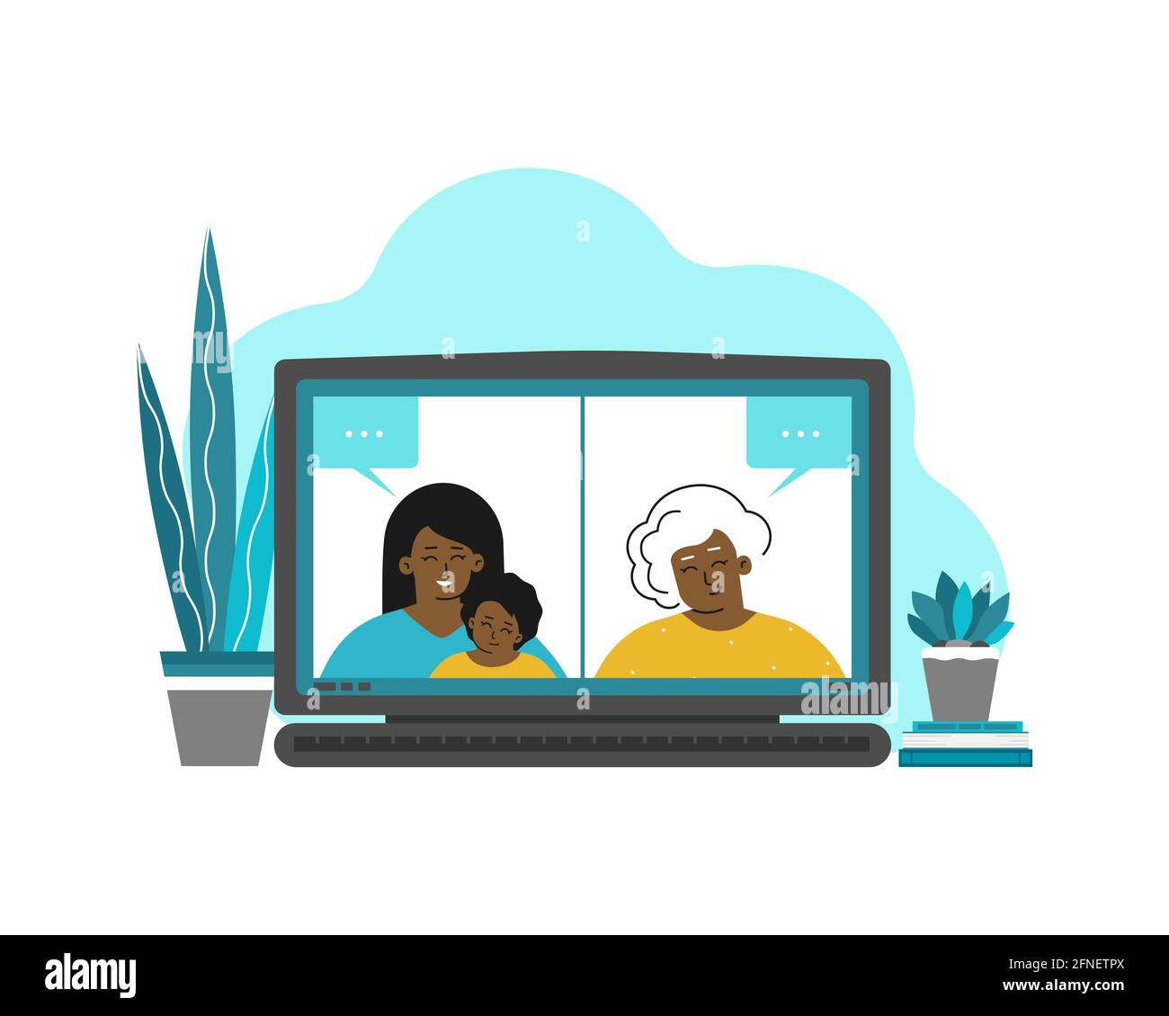 Vector isolated flat illustration with laptop screenshot. Senior African American grandmother and her daughter with baby are talking online by video c Stock Vector