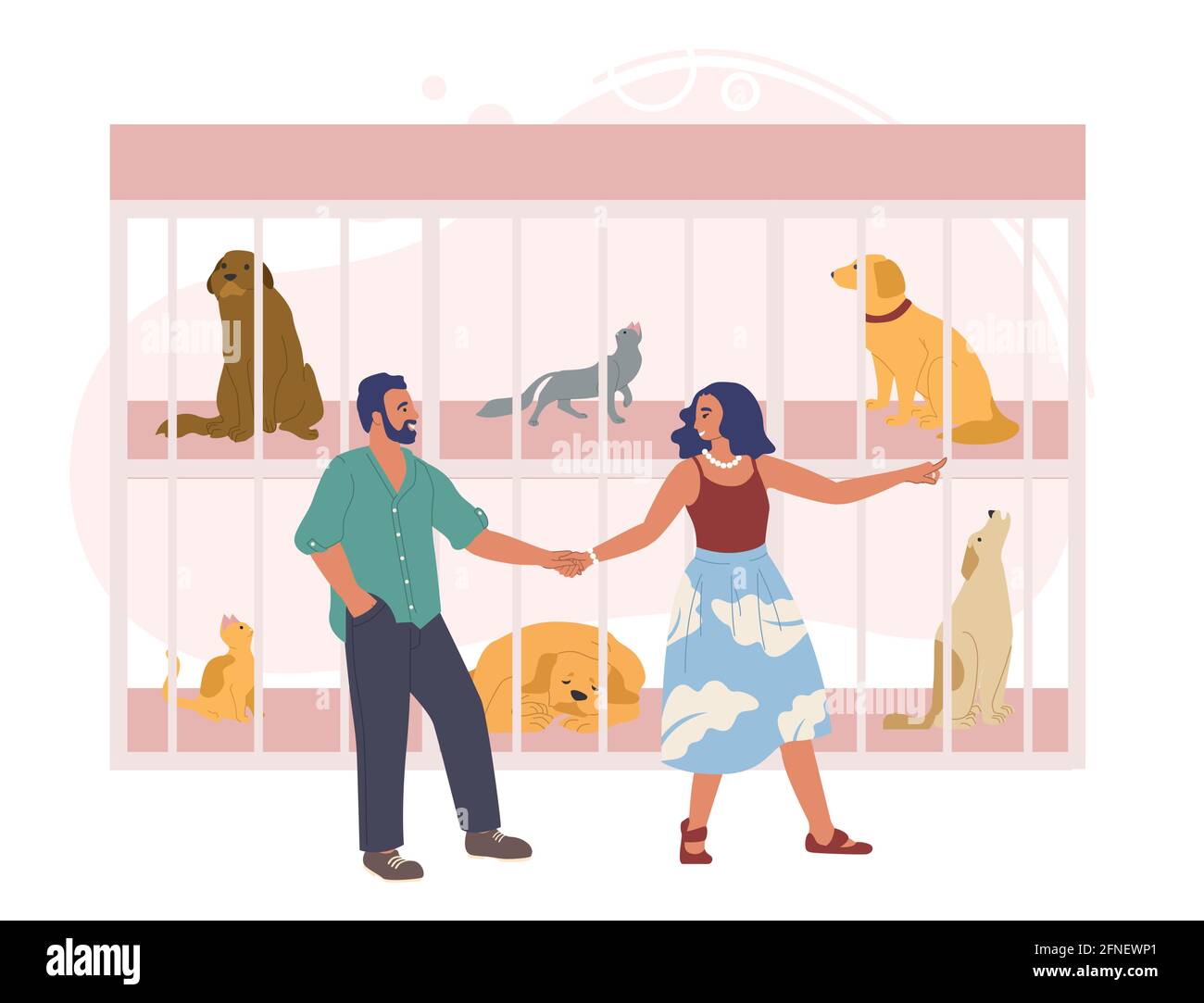 Stray dogs and cats sitting in cages and waiting for new owners. Happy couple adopting pet dog, flat vector illustration Stock Vector