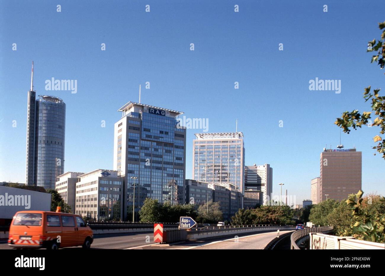 View of the RWE headquarters, the skyscrapers of Ruhrkohle AG and the RWE skyscraper a.d. Freiheit and Postbank (from left to right) in Essen. [automated translation] Stock Photo