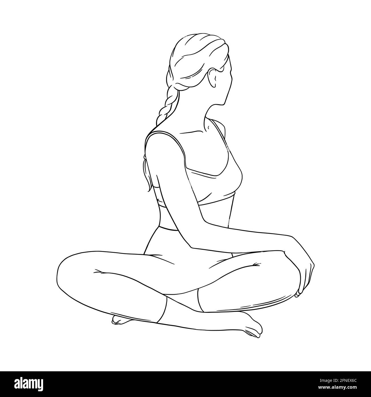 Yoga Easy Seated Twist performed by woman. Spine twisted asana. Engraved vector illustartion Stock Vector