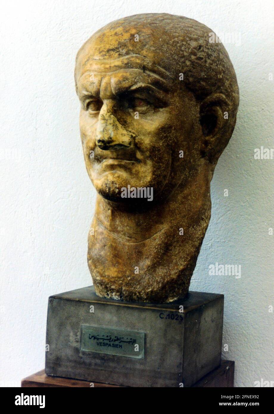 Bust of the Roman Emperor Vespasian in the Bardo Museum in Tunisia. [automated translation] Stock Photo