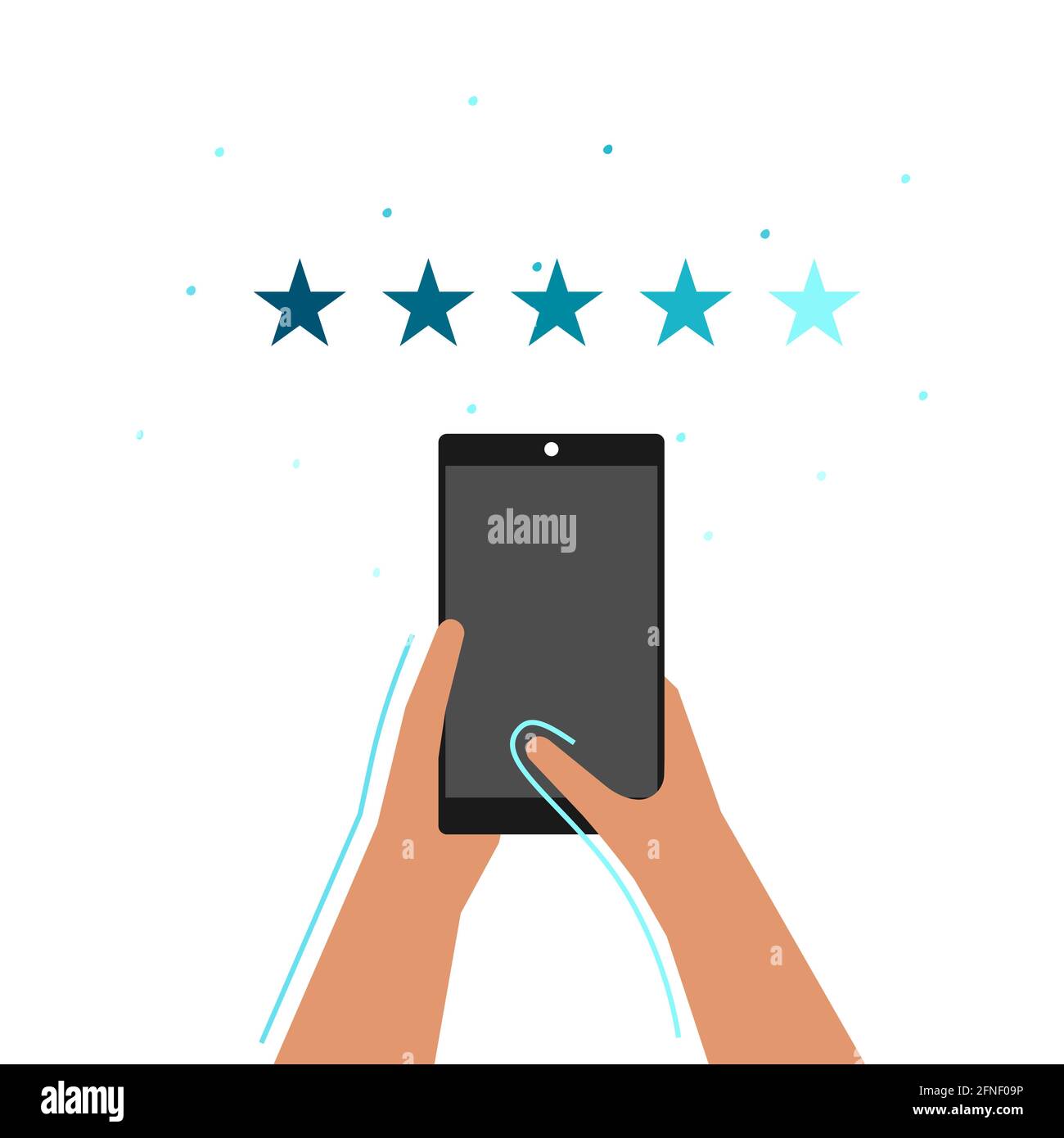 Vector isolated flat concept with review process. Using mobile apps on smart phone and online shopping by consumer. Hands of customer hold phone and s Stock Vector