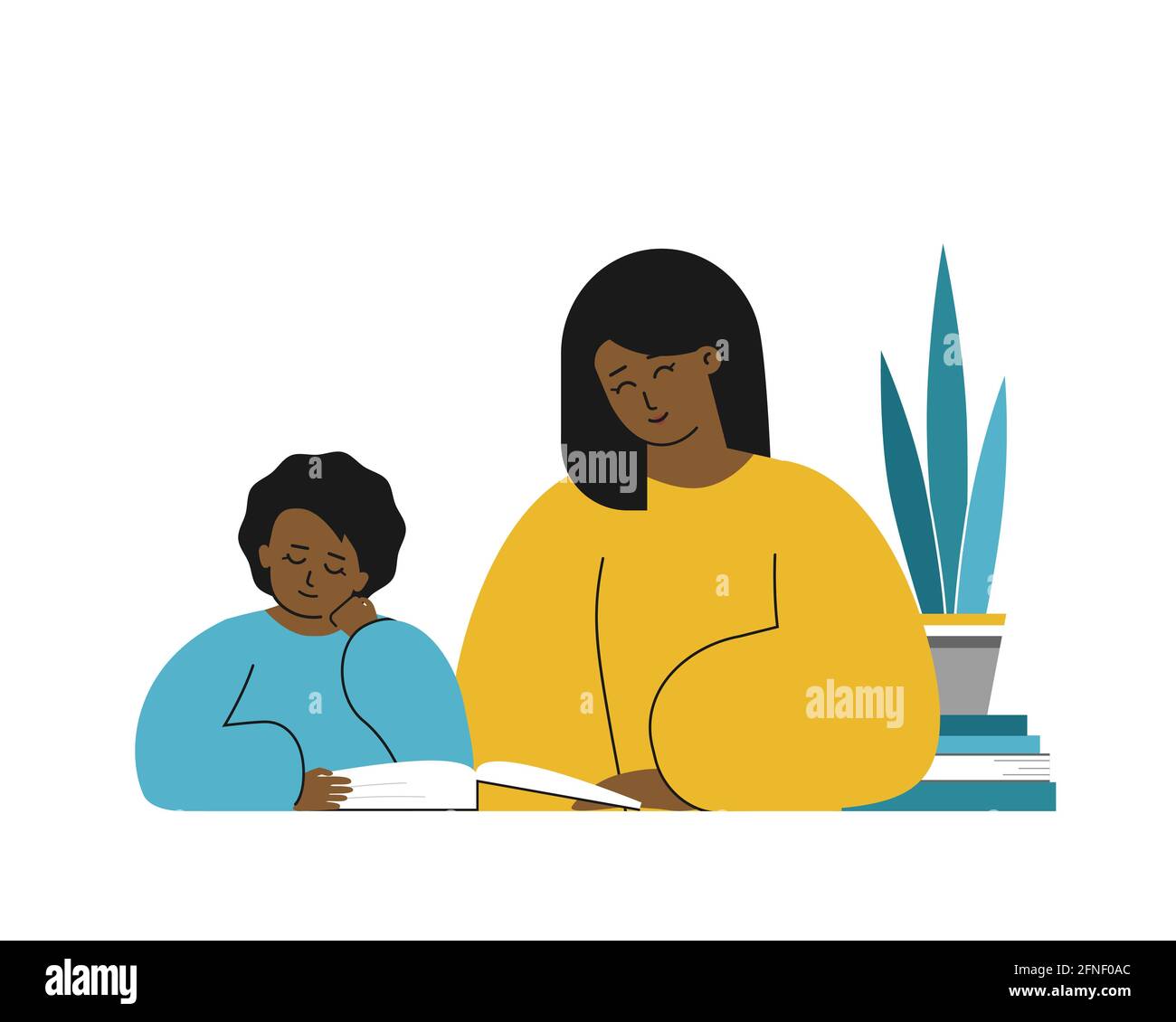 Vector isolated flat concept. African american mother and clever daughter learn alphabet, read book with  fairy tales together. Homeschooling in quara Stock Vector
