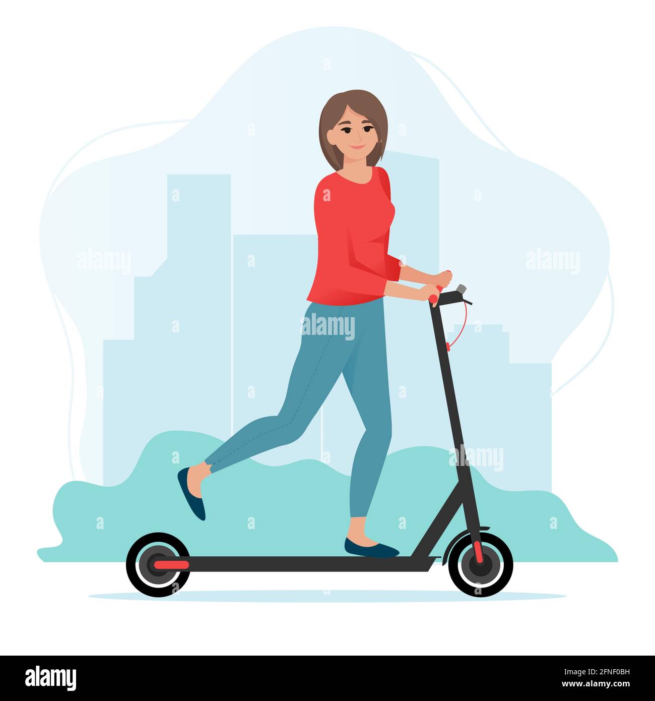 Woman on electric scooter. Girl riding scooter. Cute vector