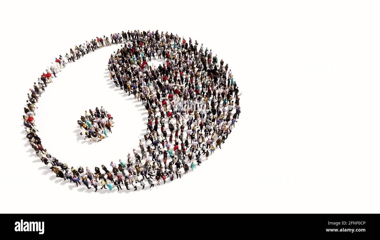 Concept or conceptual large gathering of people forming the image of the chinese symbol of Yin-Yang as opposing and complementary forces. Stock Photo