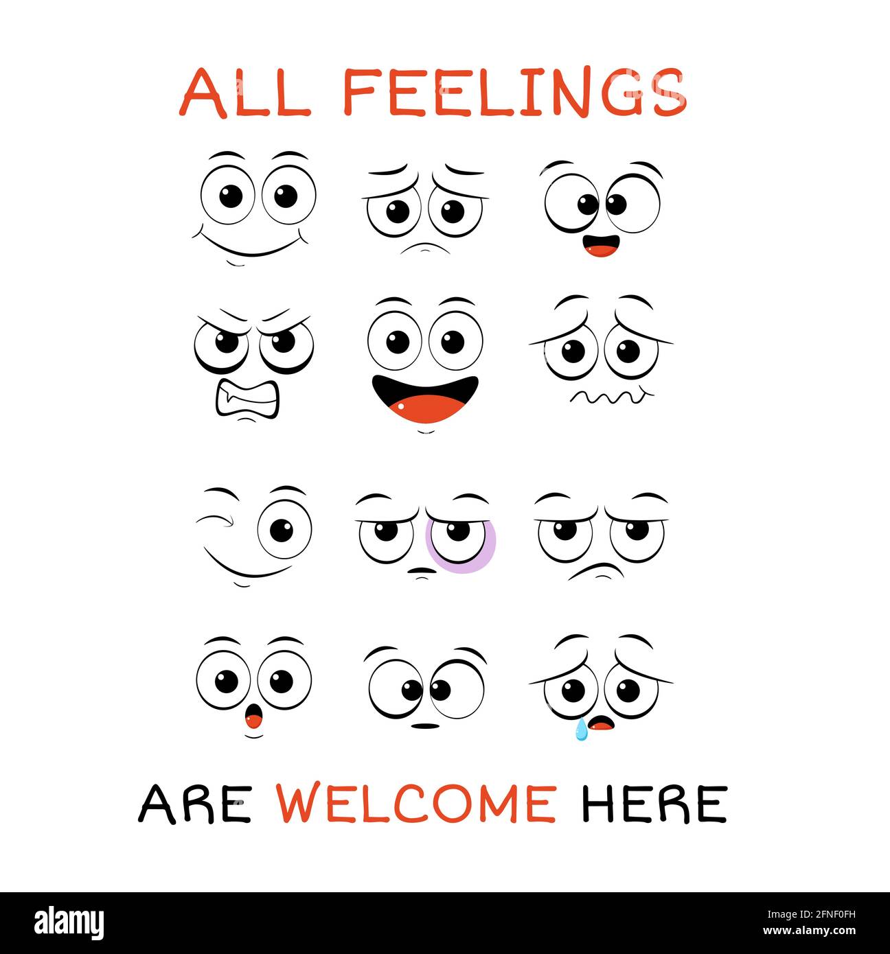All feeling are welcome here. Vector banner with affirmation for kids playroom. Cute inspirational card with emojis and lettering. Motivational quote Stock Vector