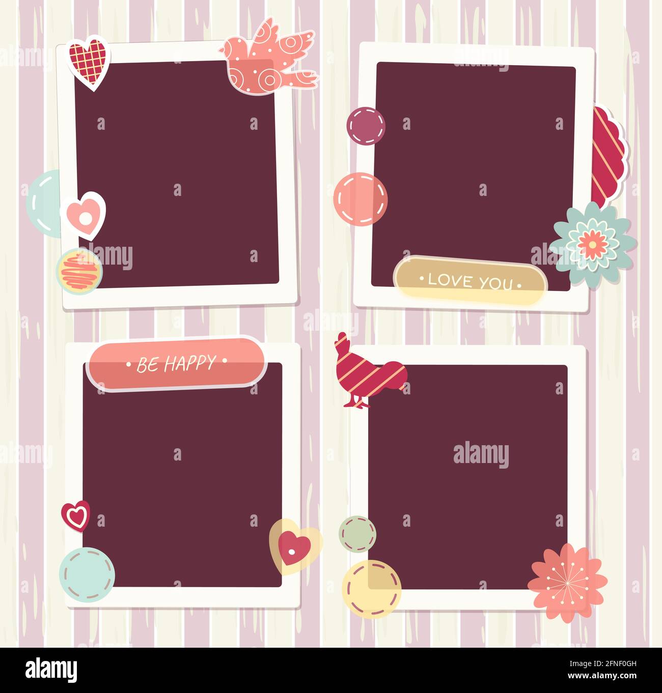 Valentine vintage background with retro photos, sticker and labels. Mock up template. Copy space for text. Can be used for holiday or wedding scrapboo Stock Vector
