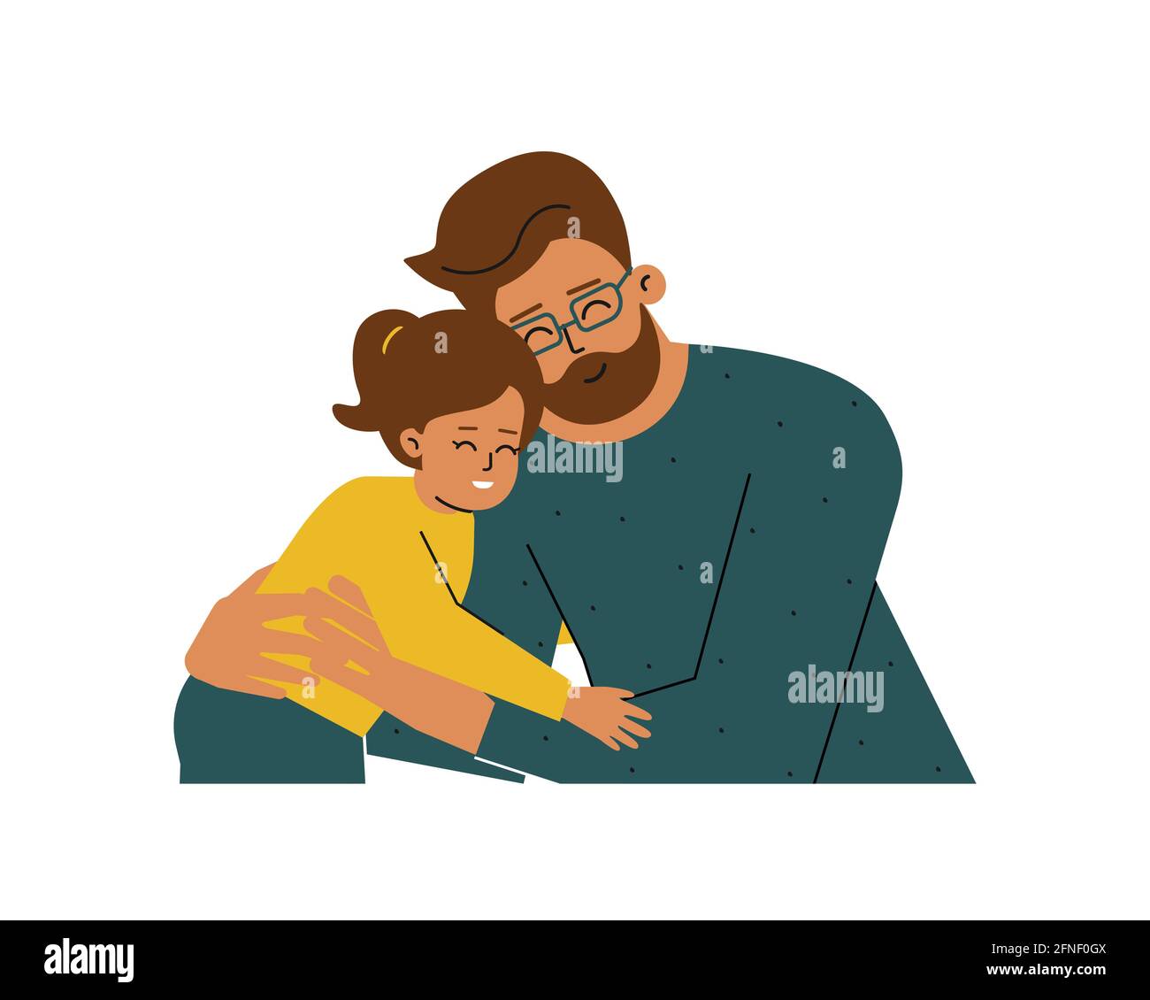 Vector isolated concept with portrait of cartoon characters. Young single father hugs little daughter. Latin daddy and baby girl are happy together, s Stock Vector