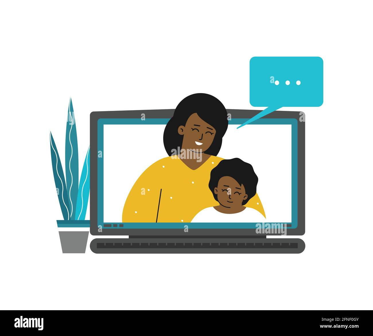 Vector isolated flat illustration. African American mother and child are talking by video call using laptop. Distant online education with class and c Stock Vector
