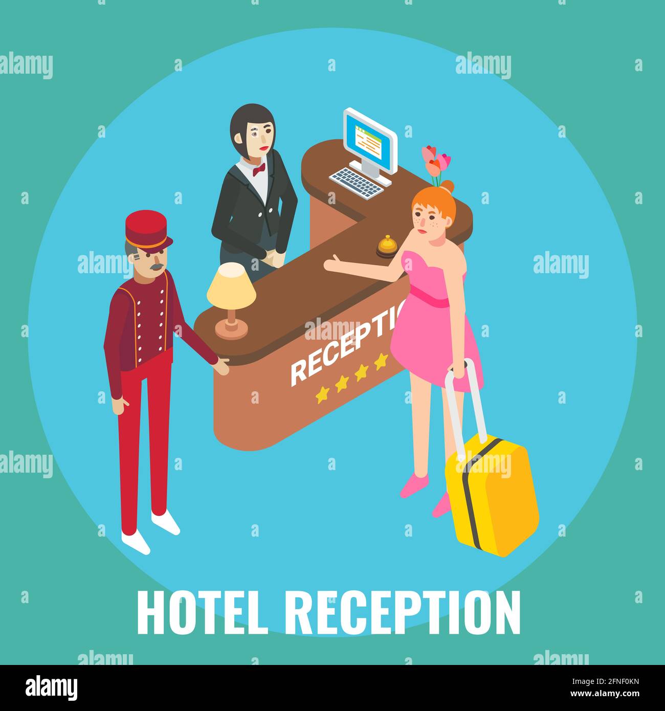 Hotel receptionist checking in guest female, vector isometric illustration. Hotel reception desk registration services. Stock Vector