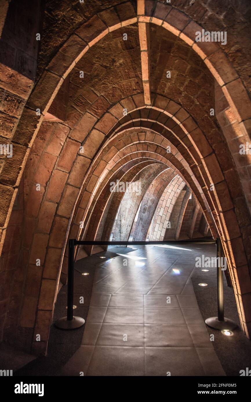 Cantenary Arches under the terraces of Casa Mila (La Pedrera) commissioned in 1906, designed by Antoni Gaudi. Barcelona, Spain Stock Photo