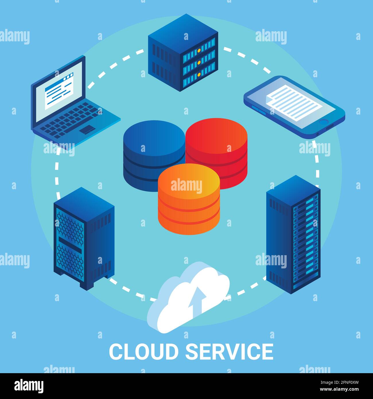 Cloud service flowchart, vector illustration. Isometric laptop computer, mobile phone, cloud computing server racks. Stock Vector
