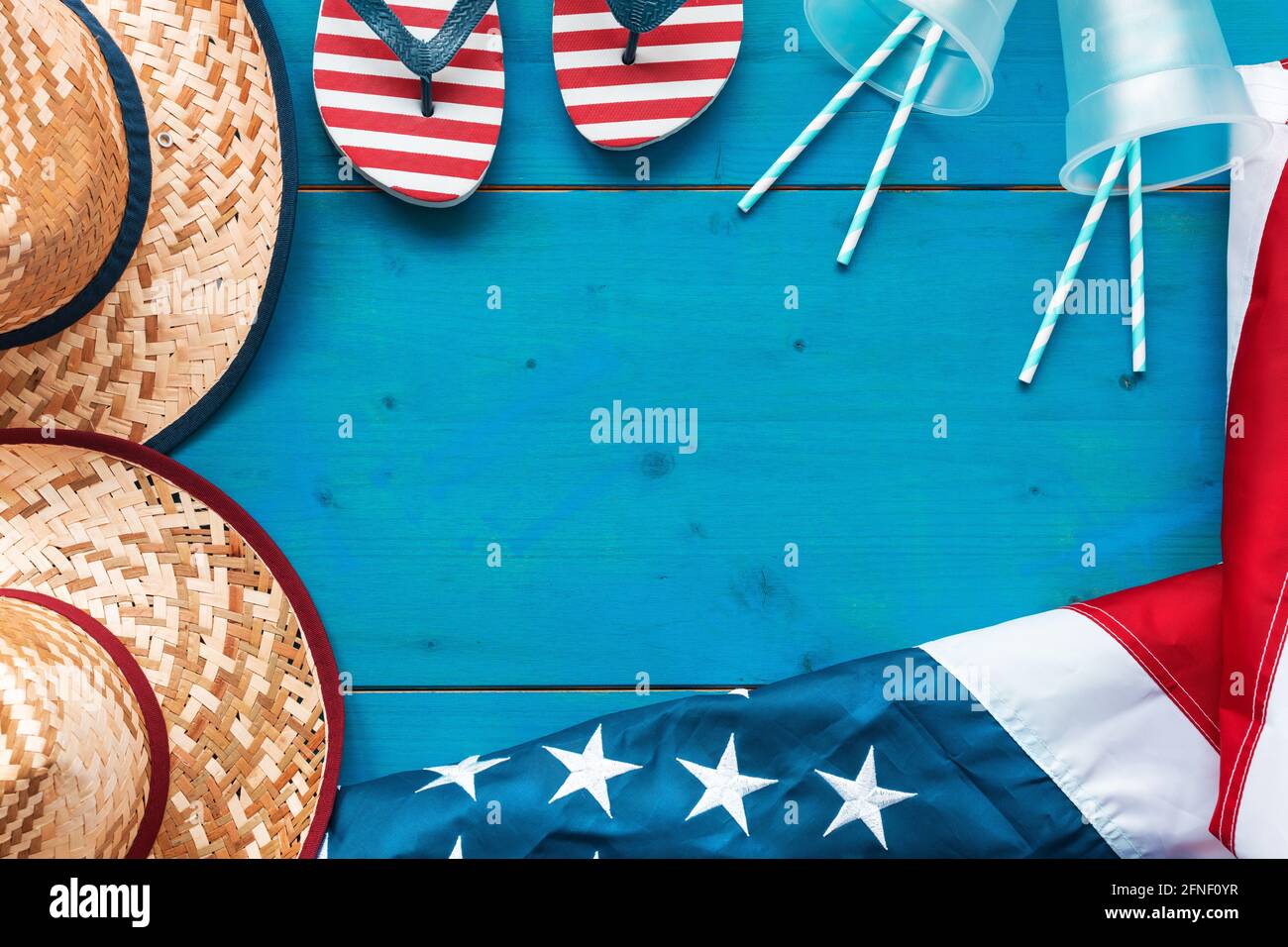 American summer, USA flag and beach accessories, flat lay top view with