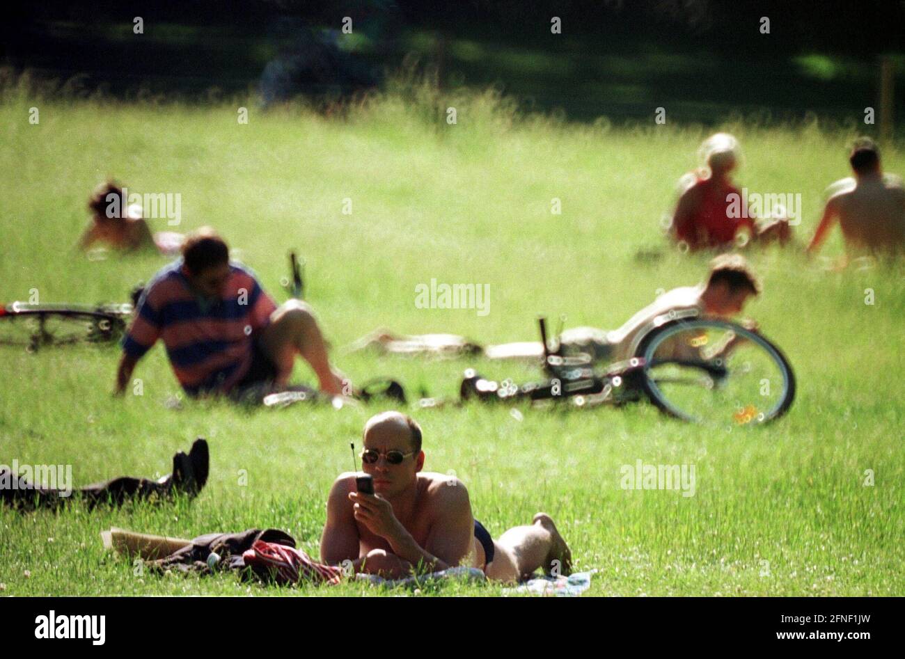 Relaxing in the beautiful park around the Charlottenburg Palace - but of course only with the important mobile phone. [automated translation] Stock Photo