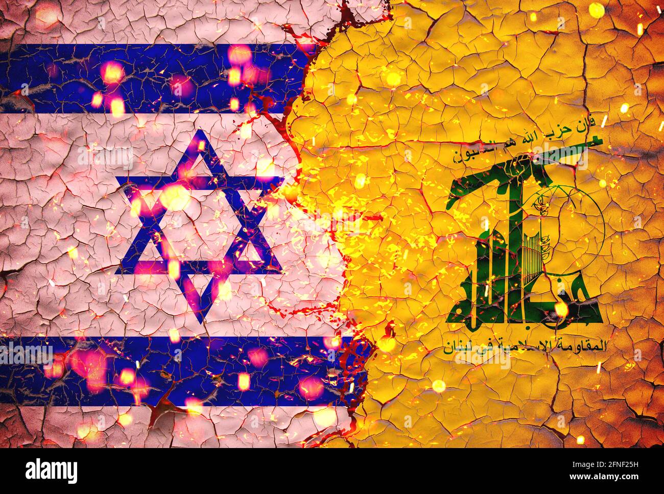 israel and Hezbollah flags painted over cracked concrete wall.And lava flows behind.israel vs Hezbollah war. Stock Photo