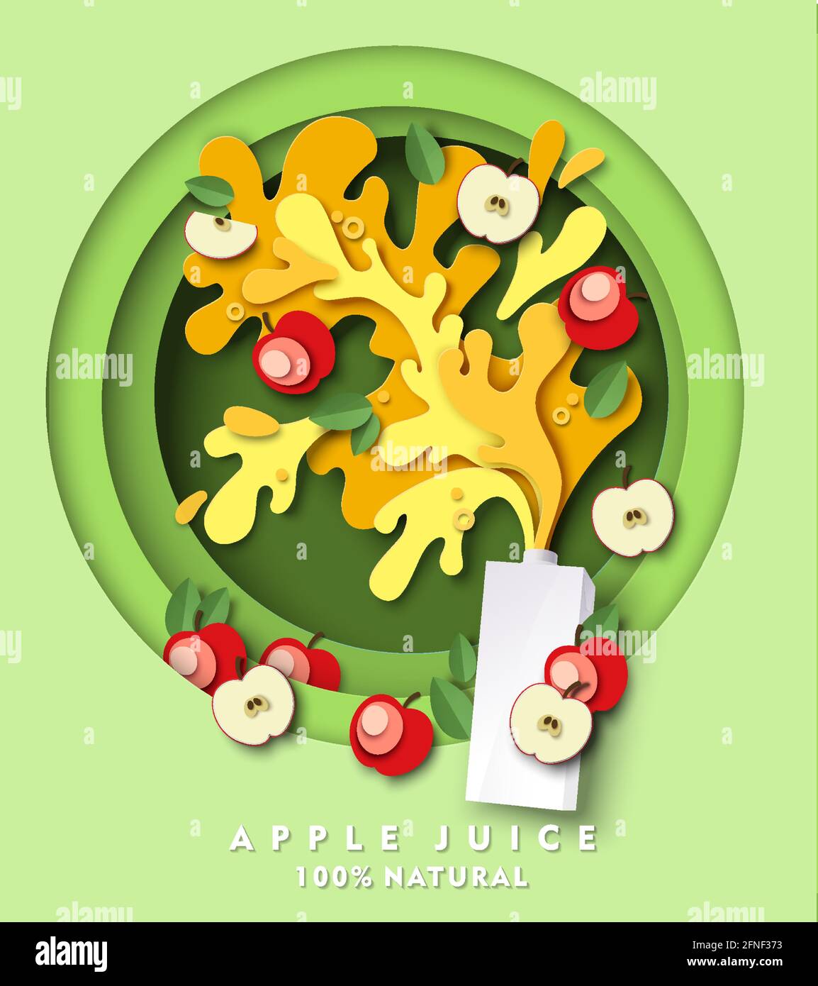 Apple juice carton pack mockup, fresh fruit, liquid splashes, drops