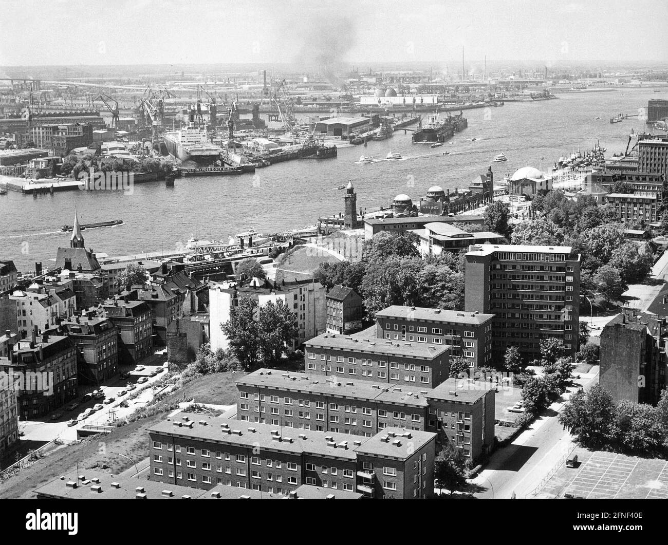 View over the port of Hamburg. [automated translation] Stock Photo
