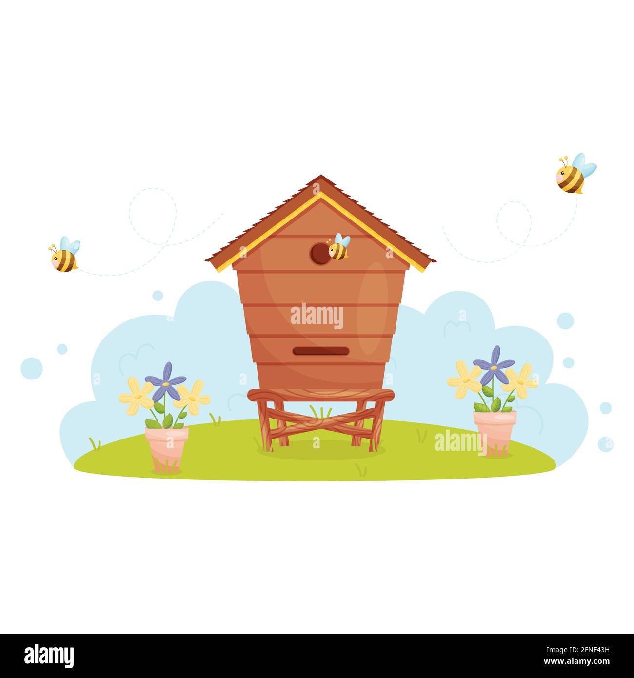 Cartoon wooden beehive in the garden. Bee house. Vector illustration