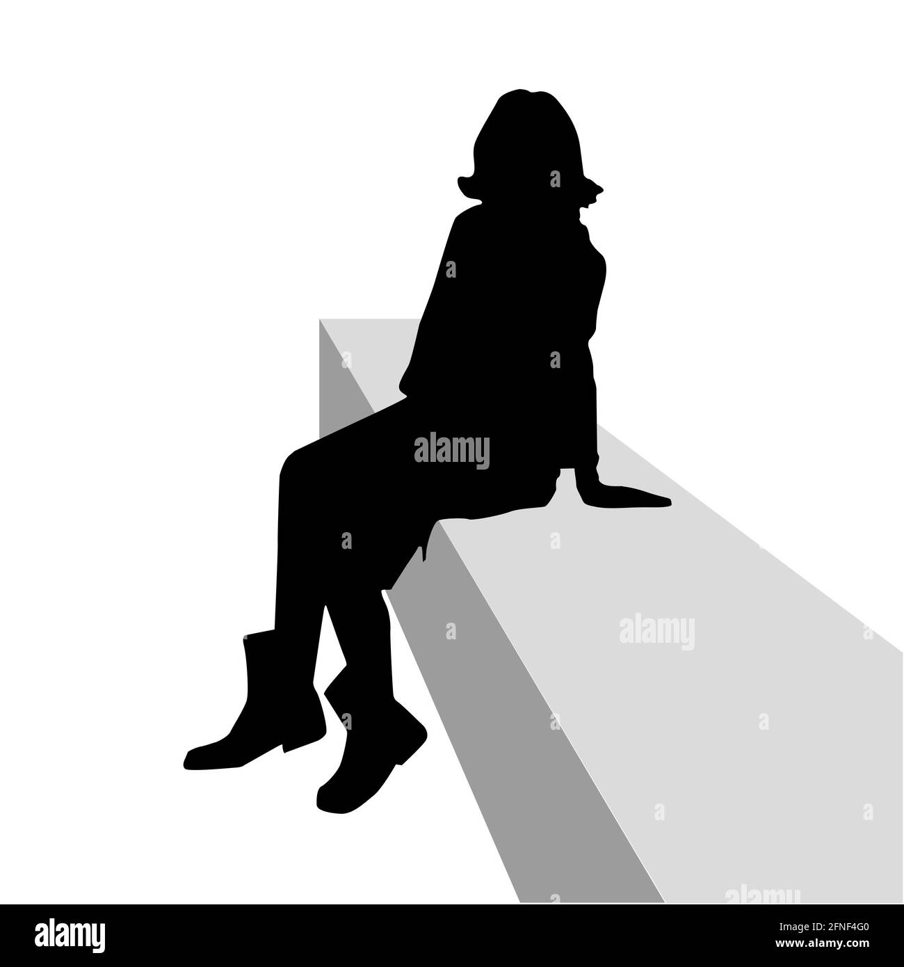 Silhouette of curly woman sitting on a bench lean on her arm. Black grey on white background. Vector illustration. Stock Vector