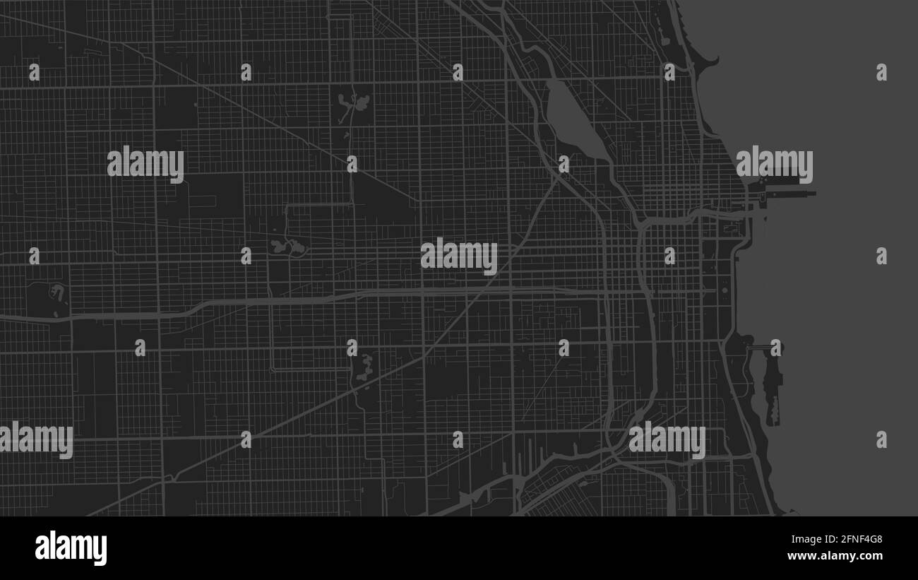 Black grey Chicago city area vector background map, streets and water cartography illustration. Widescreen proportion, digital flat design streetmap. Stock Vector