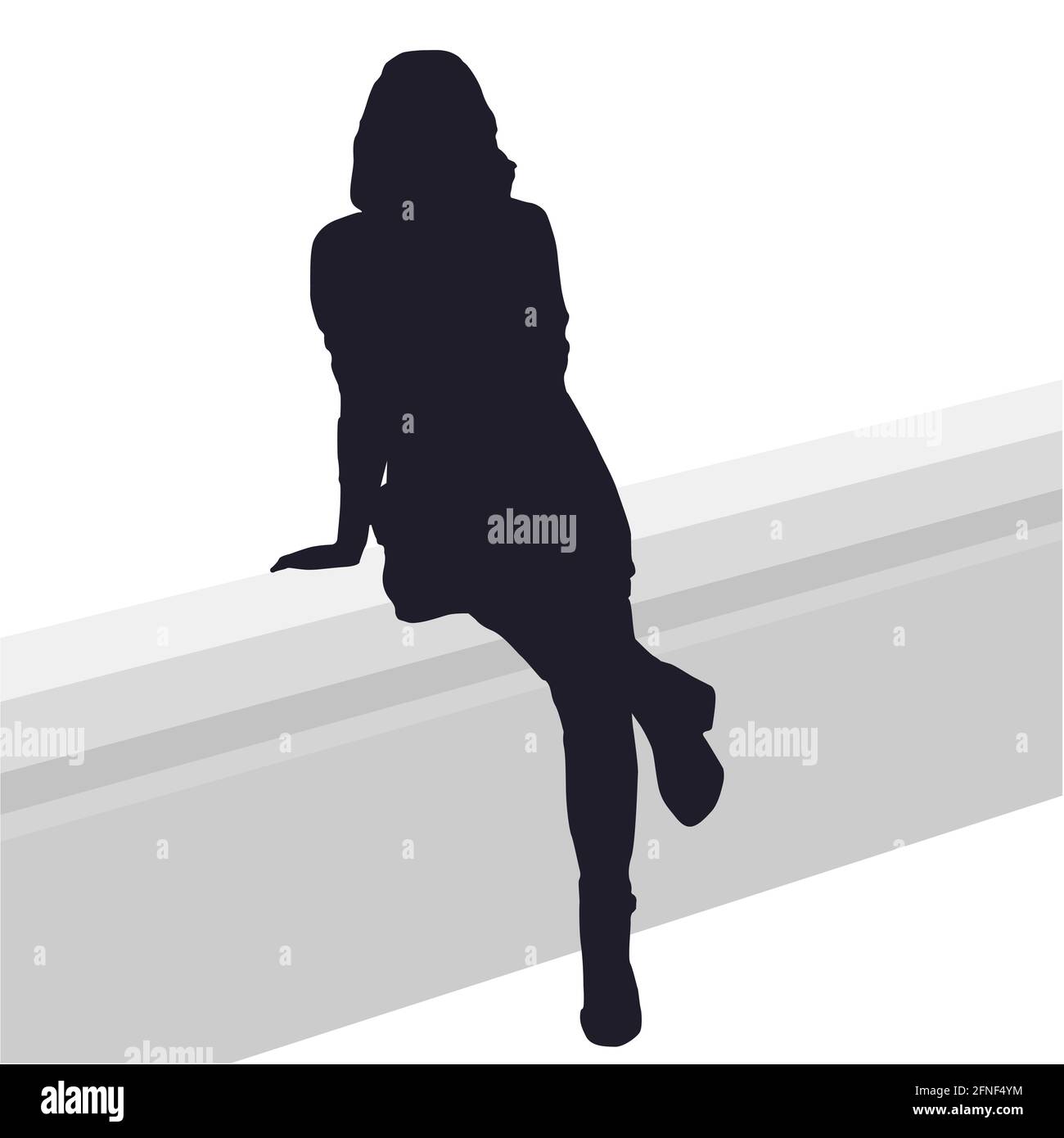 Silhouette of curly woman sitting on a bench lean on her arm. Black grey on white background. Vector illustration. Stock Vector