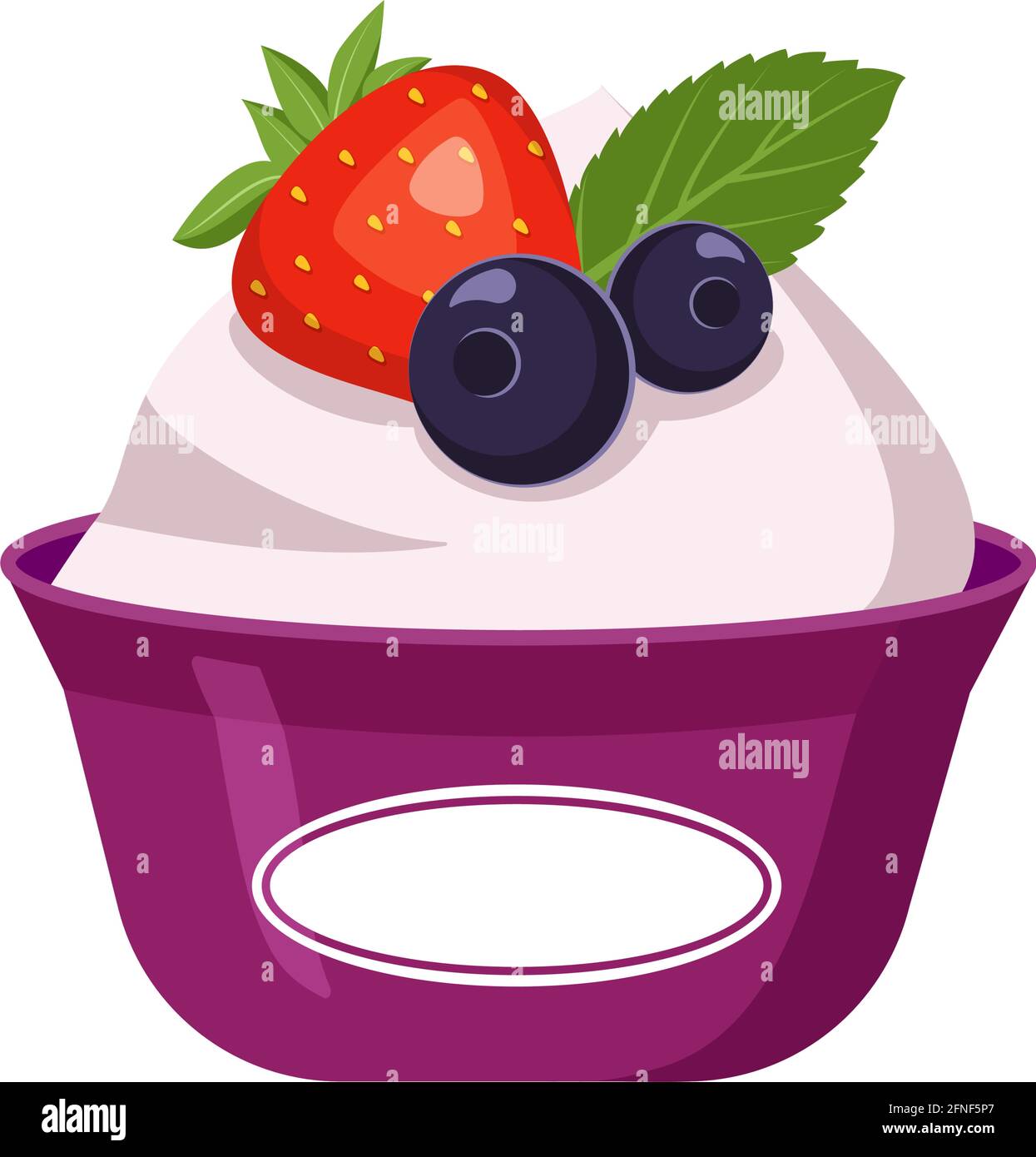 Yogurt icon in a plastic cup with berries. Delicious healthy breakfast or snack. Dairy products, a source of calcium Stock Vector