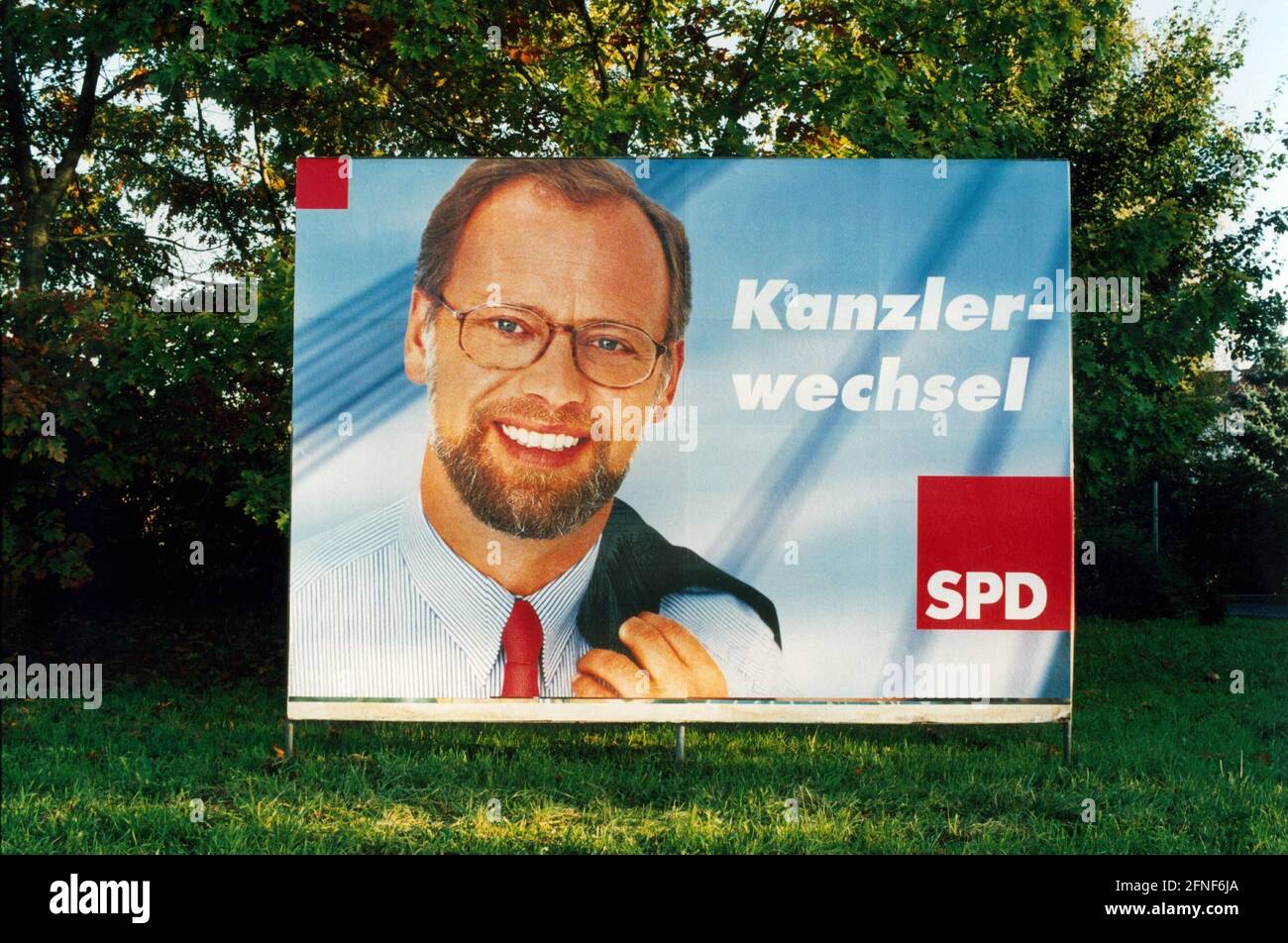 Election poster of the SPD with their candidate for chancellor Rudolf Scharping in the middle of a landscape in the Lake Constance area. [automated translation] Stock Photo