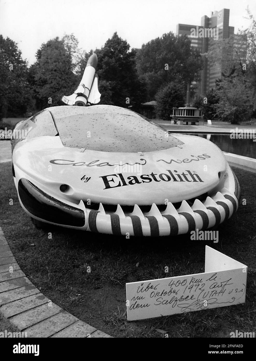 'A car designed by the German designer Luigi Colani that exceeded the speed of 400 km/h at the Salt Lake in Utah, USA, in 1992. For the first time new plastic materials of the Paderborn company Elastolith were used in the car. The car was on display in 1992 at the exhibition ''The round world of Luigi Colani-40 years of design'' in Dortmund's Westfalen Park. [automated translation]' Stock Photo
