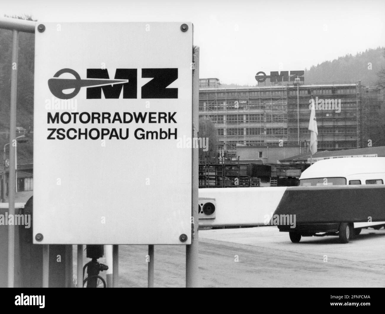 Entrance to the premises of the MZ-Motoradwerk Zschopau GmbH. MZ had been privatized in 1990 and had to file for bankruptcy already in 1991. [automated translation] Stock Photo