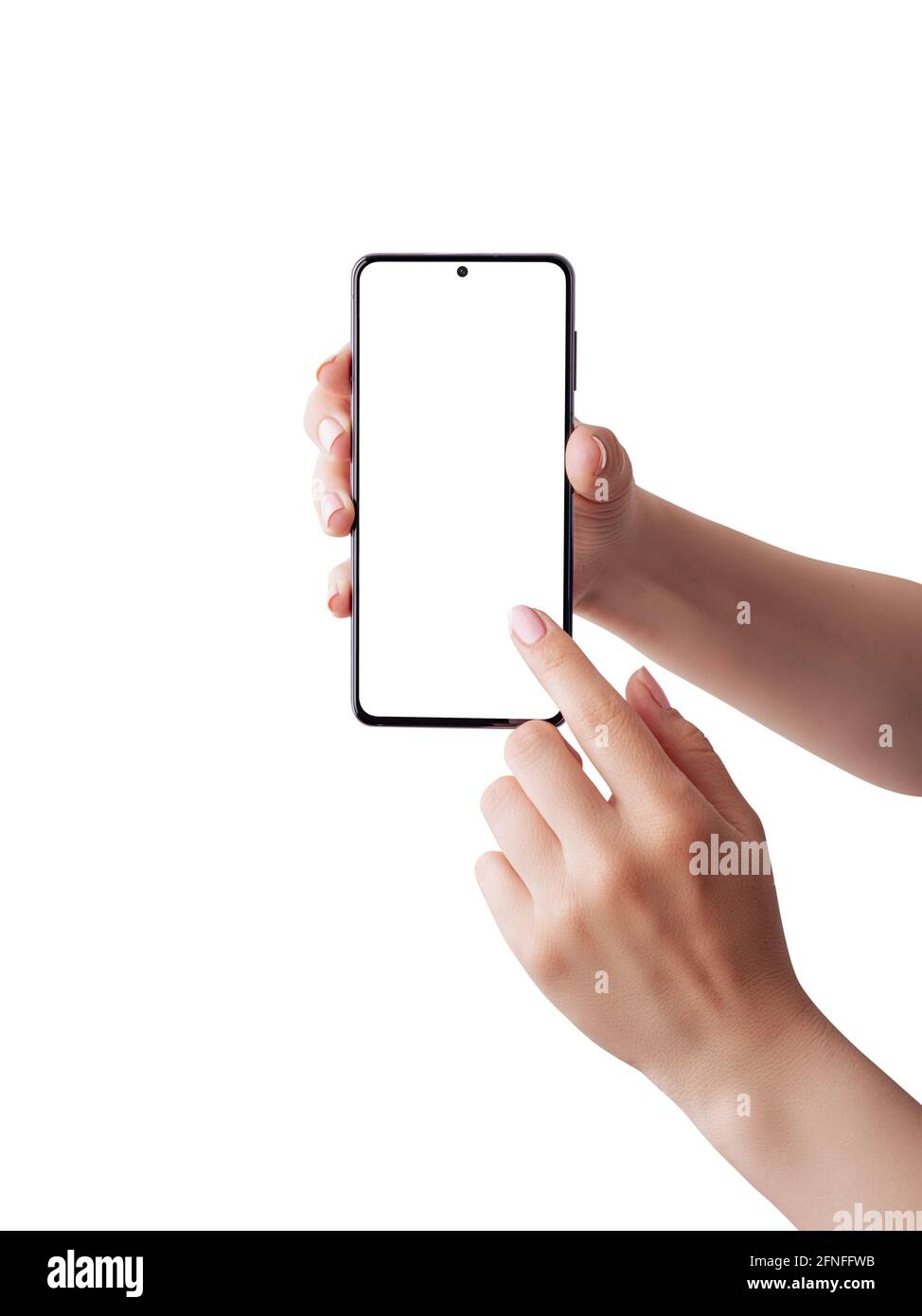 Woman hand shows the detail on app concept. Isolated display and background for mockup, app presentation. Stock Photo