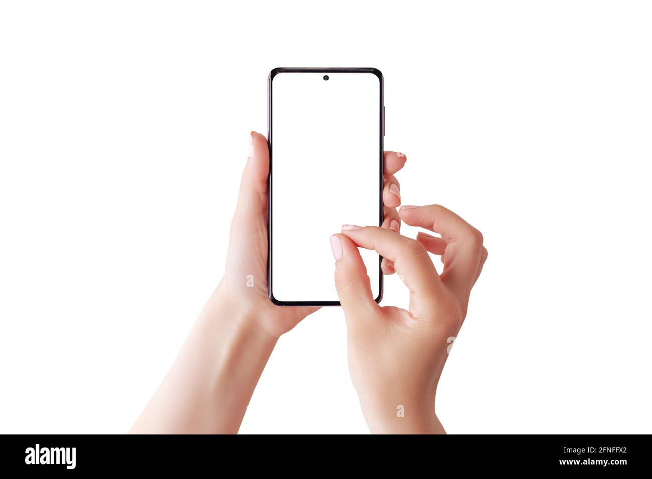 Woman zooms in with her fingers on the phone display concept. Isoalted phone and background for mockup Stock Photo