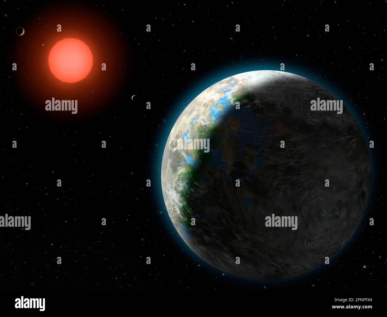 Gilese 581 System - Planets of the Gliese 581 System. This artist's conception shows the inner four planets of the Gliese 581 system and their host st Stock Photo