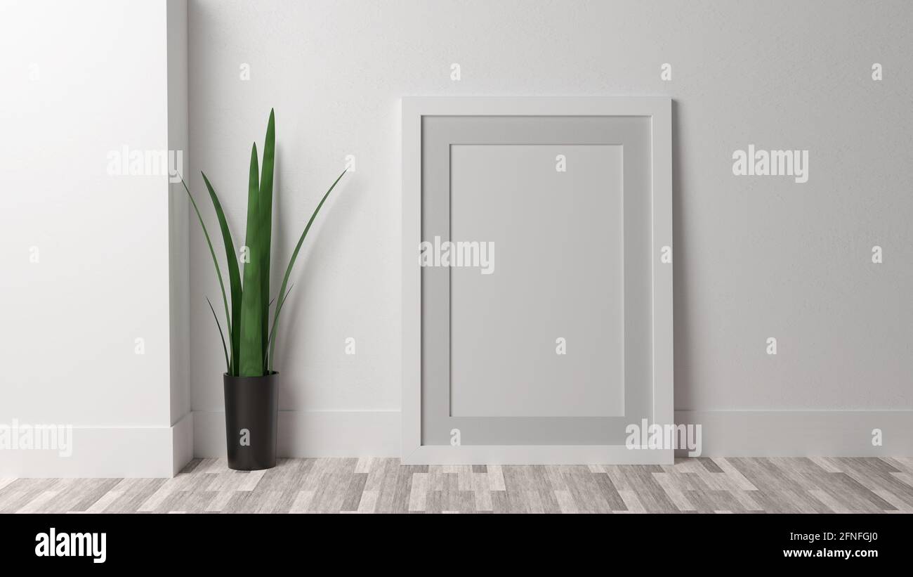 Poster mockup on a white wall with a white frame. CGI image, 3D rendering, 3D illustration Stock Photo