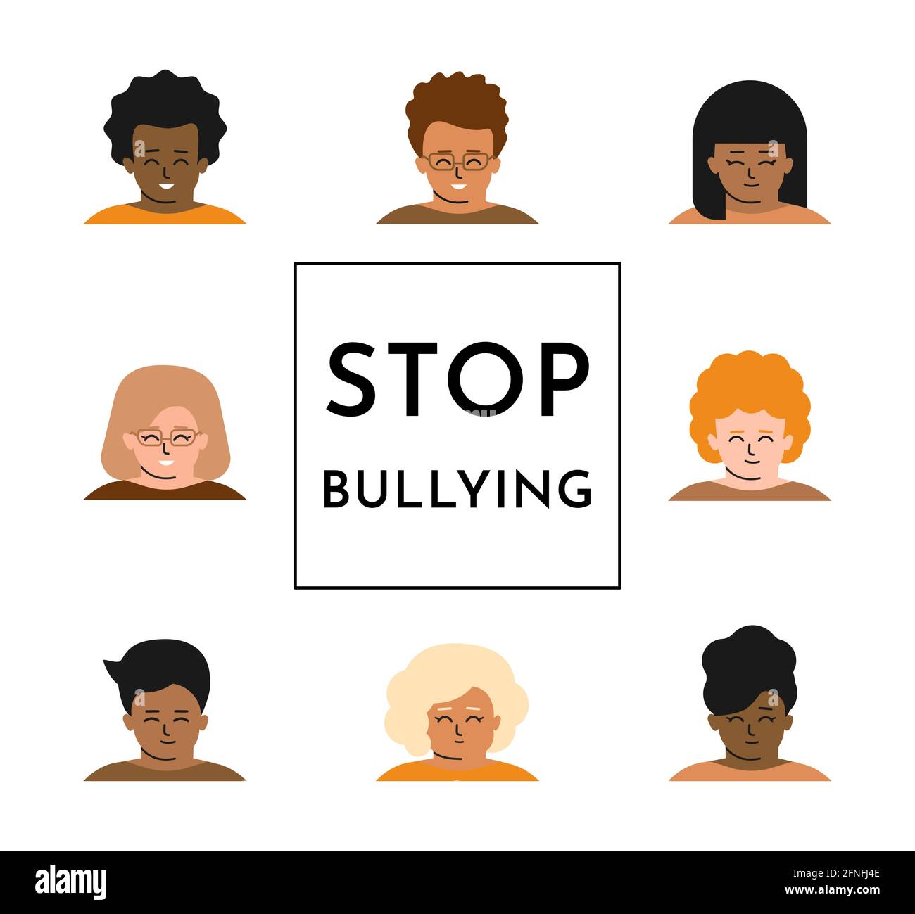 Vector isolated flat concept. Text in center - Stop bullying. Set of children portraits is around frame. Multiethnic group of kids show tolerance, fri Stock Vector
