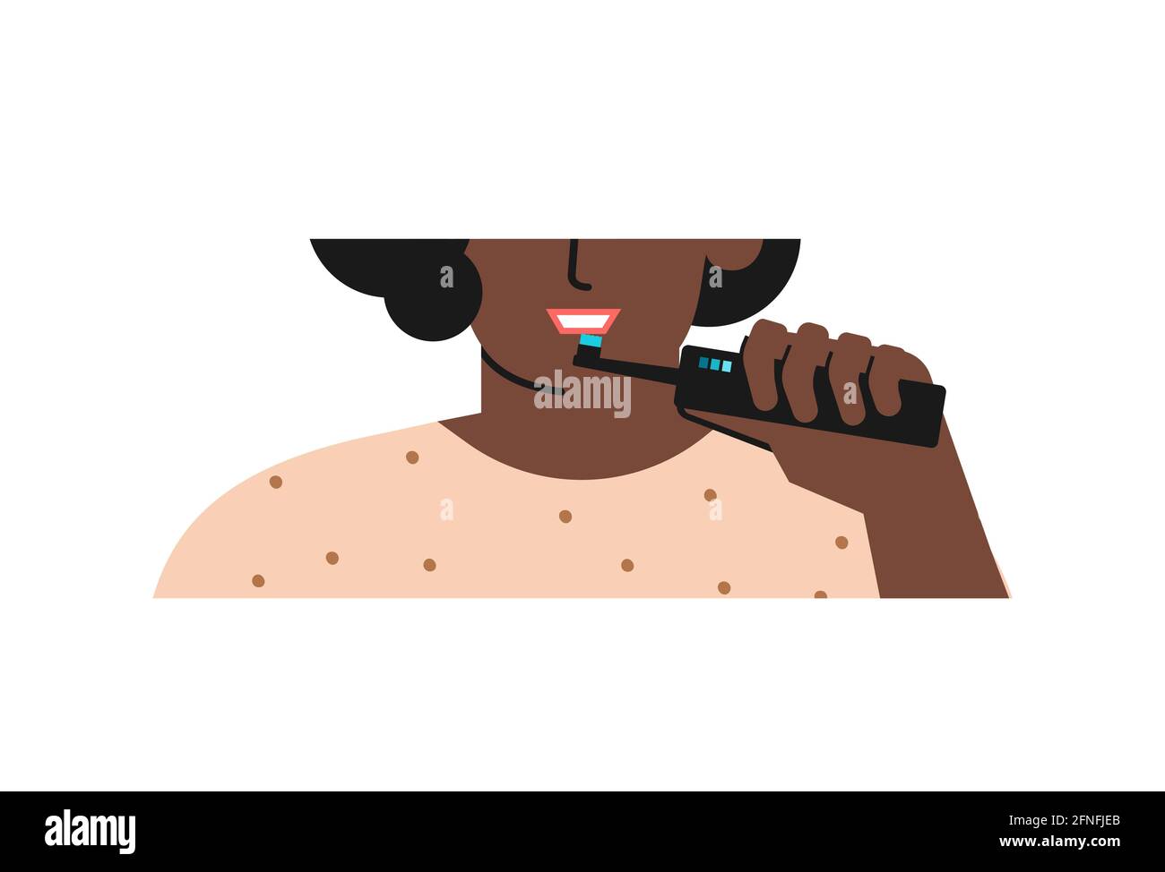 Vector isolated illustration. Close up portrait of African American woman cleaning teeth by electric toothbrush to save its healthy. Daily dental rout Stock Vector