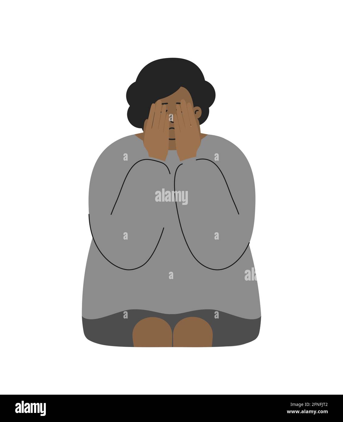 Vector flat illustration. African American woman closes her face by hands. Lady is crying. She has problem to keep mental health and bad feeling Stock Vector