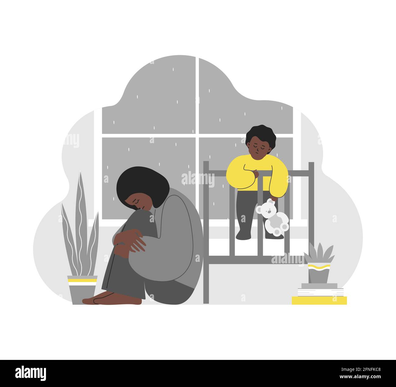 Vector flat isolated concept. Tired African American mother sits, hugs knees. She has difficulties to keep maternal mental health. Baby stays in bed. Stock Vector