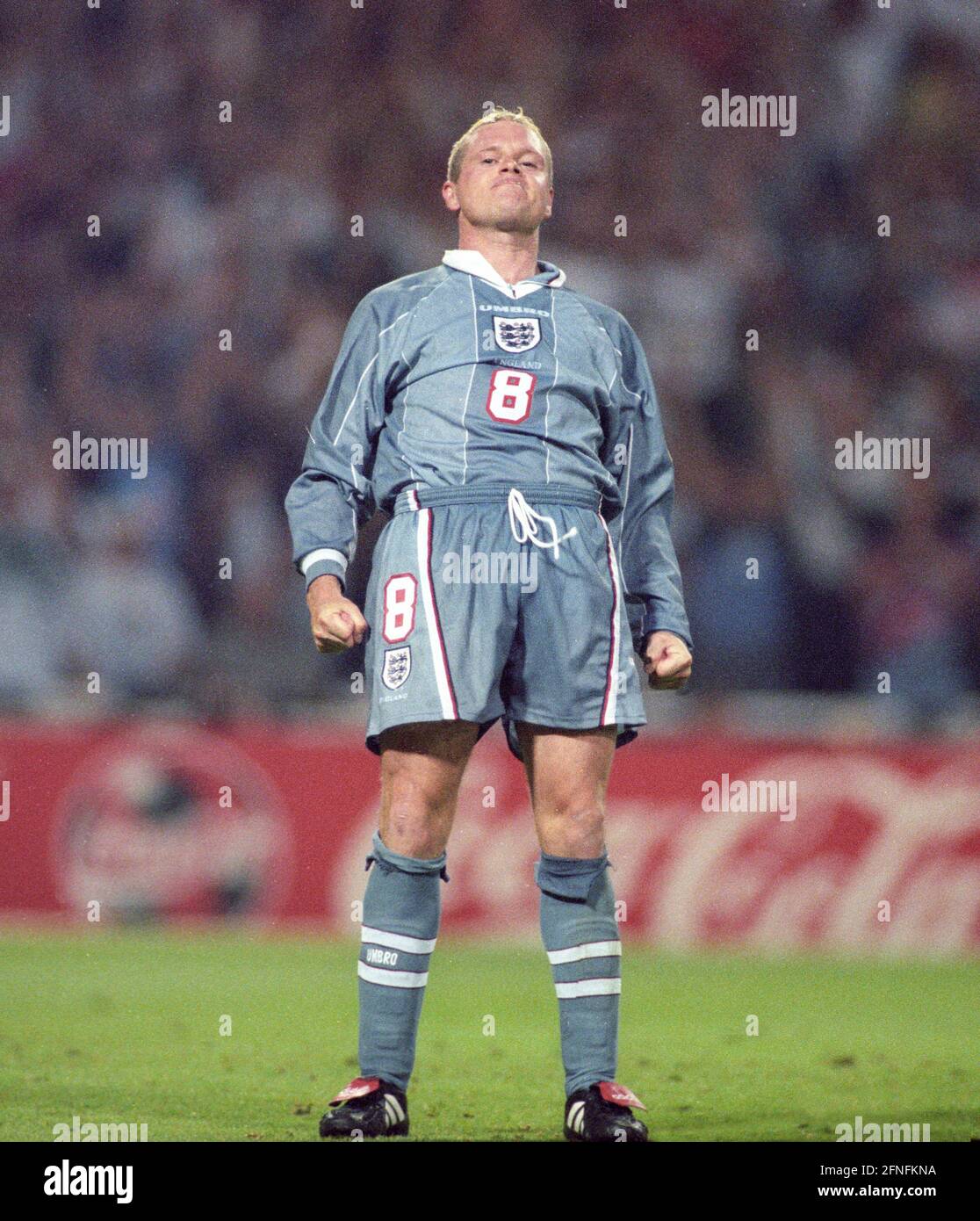 European Championship 1996 semi-final: Germany - England 7:6 n.E./26.06.1996. Paul Cascoigne (Engl.) cheers arrogantly after converting a penalty against Germany.  No model release ! [automated translation] Stock Photo