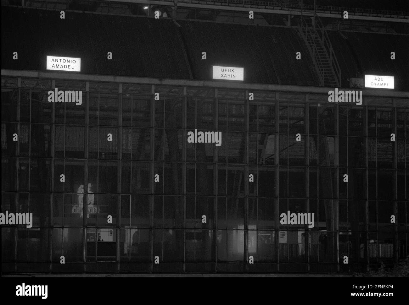 Art action at Alexanderplatz station, illuminated names of foreigners murdered by neo-Nazis in Germany, Antonio Amadeu, Berlin-Mitte, 03.02.1991, [automated translation] Stock Photo