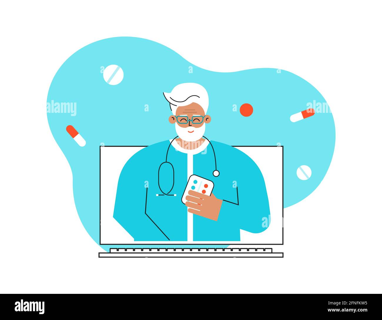 Vector flat isolated concept. Online medical consultation, diagnostic. Old Caucasian doctor uses video call. Computer display. Senior man works Stock Vector