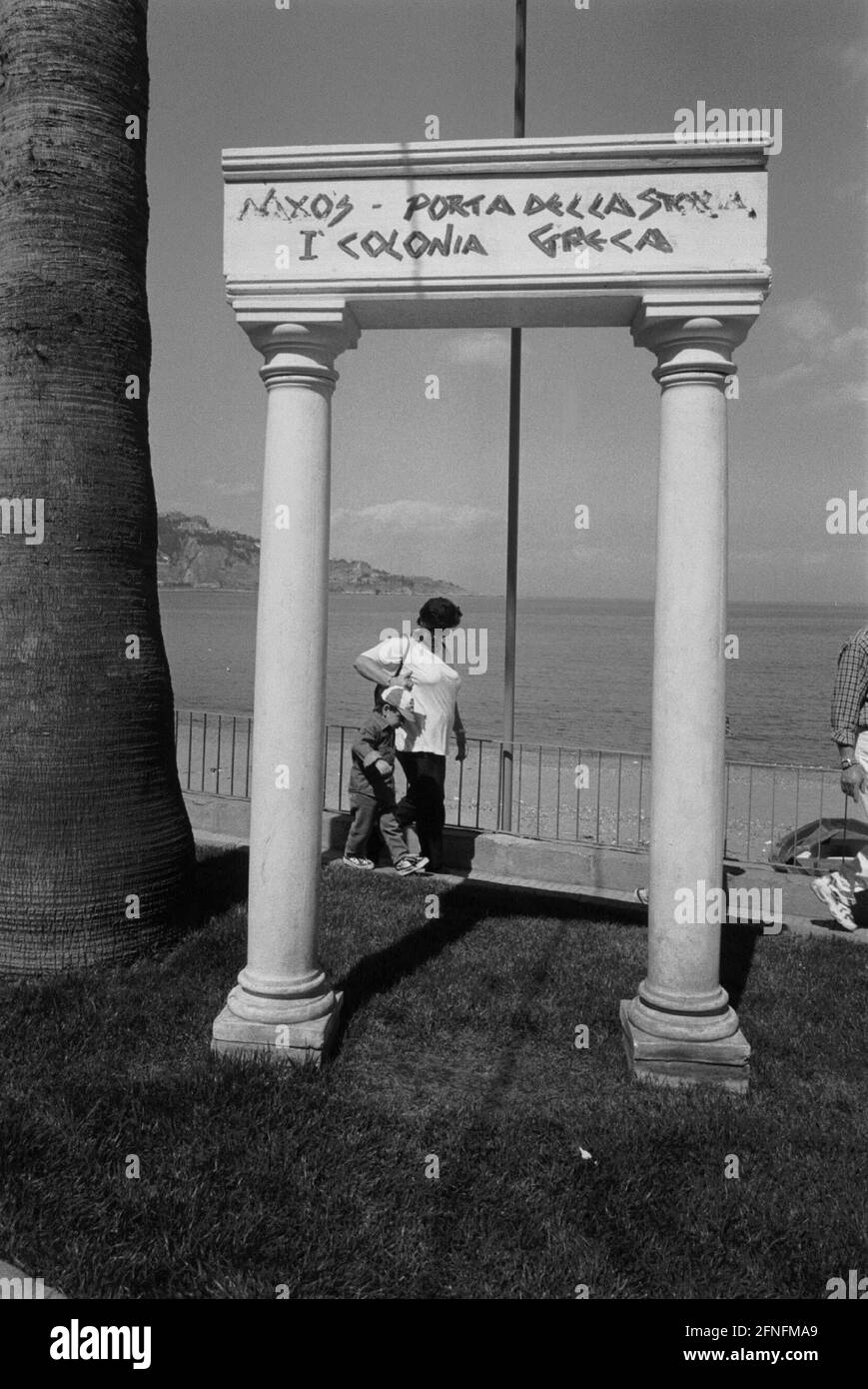 small Greek column on the promenade at the beach of Giardini Naxos, Italy, Sicily, 26.05.1999, [automated translation] Stock Photo