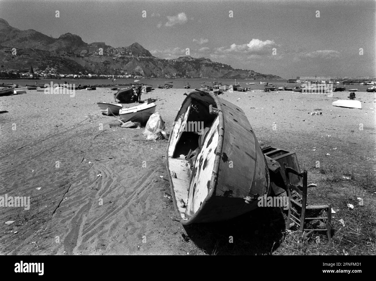 Boats on the promenade at Giardini Naxos beach, Italy, Sicily, 26.05.1999, [automated translation] Stock Photo