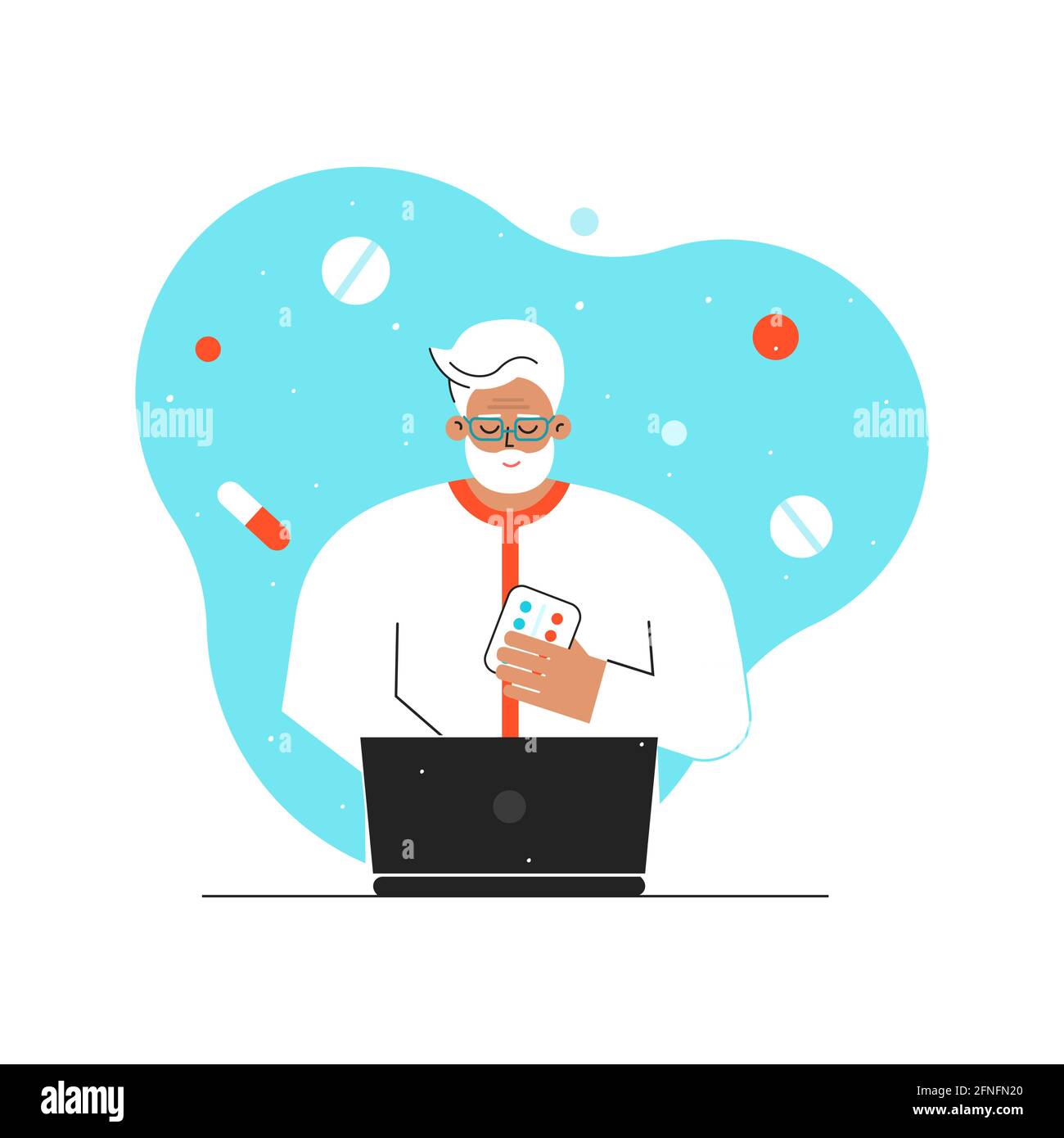 Vector flat concept. Online medical consultation and diagnostic by old doctor using video call on computer. Senior Caucasian man works at home Stock Vector