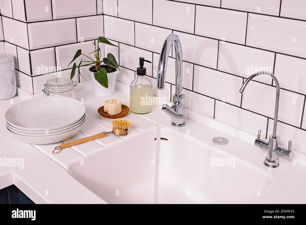Modern kitchen with natural material washing tools and green plants ...