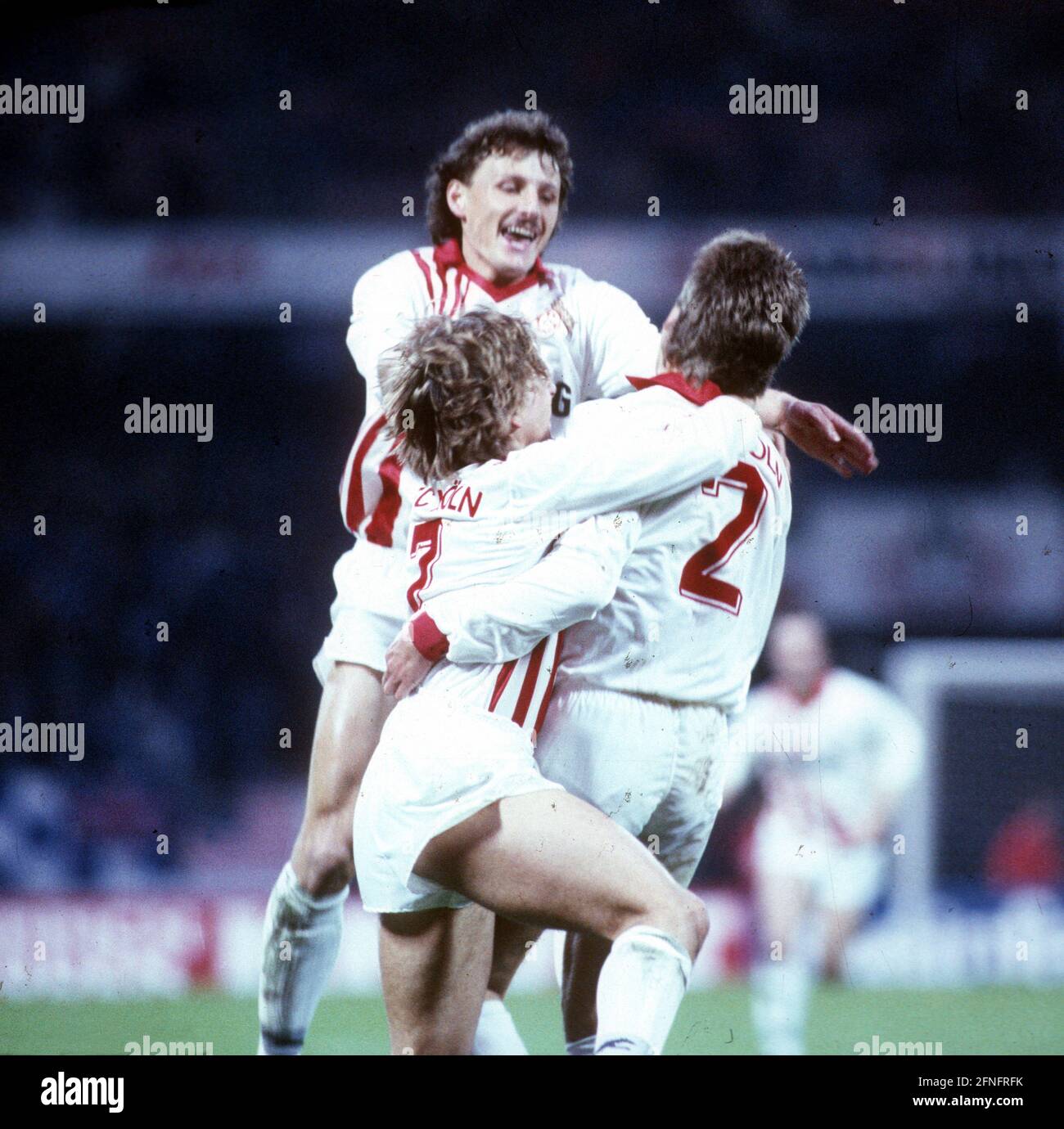 DFB - Cup : 1. FC Köln - MSV Duisburg 7.5.1991/ Cologne goal celebration after the 1:0 : from left : Horst Heldt, Frank Greiner (above) and goal scorer Alfons Higl. [automated translation] Stock Photo