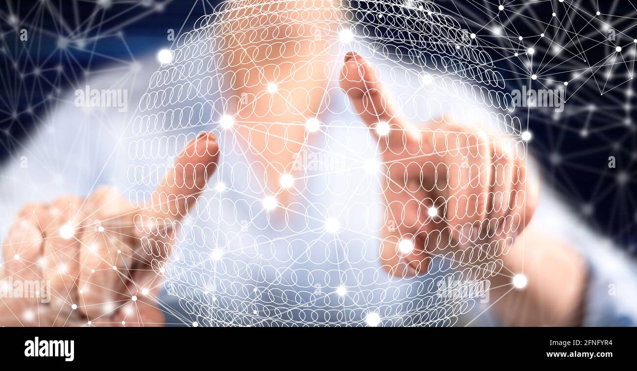 Woman touching a global connection concept on a touch screen with her ...